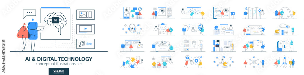 Poster artificial intelligence, ai robot, data technology in business. flat vector line illustrations of pe