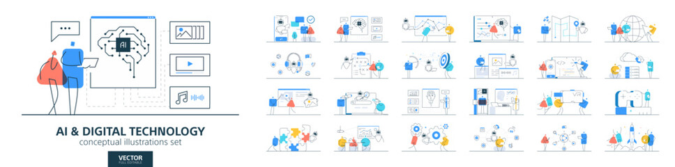 Artificial intelligence, AI robot, data technology in business. Flat vector line illustrations of people and machines work. Infographic, teamwork and tech concepts. Computer chatbot digital icon set