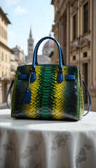 The image shows a handbag on a white tablecloth with a cityscape in the background. The handbag is made of a snake skin-like material in shades of green, yellow, and blue. It has two blue handles and 