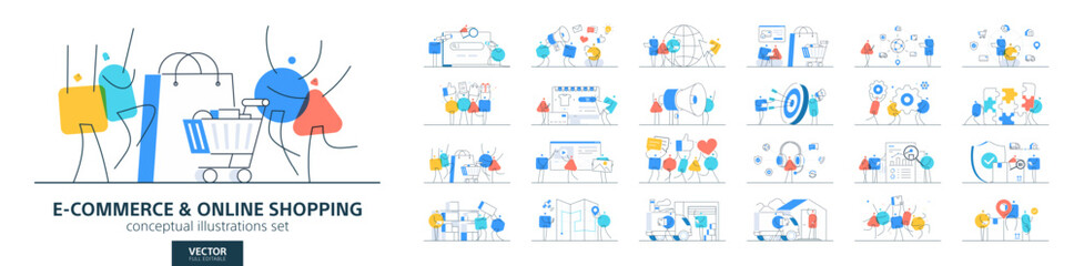 Online shopping, retail business, purchase. Flat vector set of people working. Mobile phone payment, commerce, delivery and buy product concepts. Modern infographic design. Store, sale, customer icons