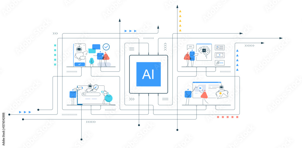 Poster ai chip connection. digital technology, robots, automation processes, machine line icons, and people