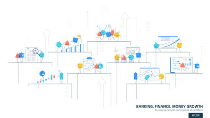 Finance, bank, stock investment. Money, trade, graph chart, line icons, and people characters. Business people infographic. Vector teamwork concept, flat illustration. Stock market journey and growth.