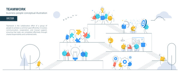 Teamwork, business people, office work organization. Team success, communication, partnership, and employee collaboration. Strategy success icons, vector building. Growth step infographic concept.