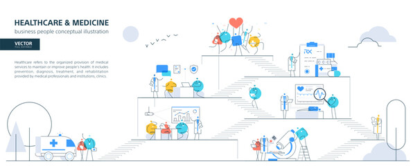 Medical technology, healthcare. Doctor and nurse teamwork in patient treatment. Hospital building, clinic research icons. Growth step infographic vector concept. Health care flat line illustration