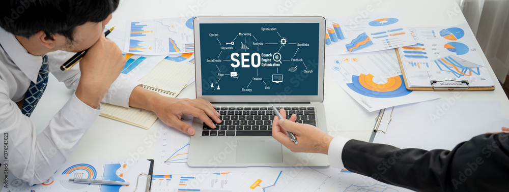 Poster seo search engine optimization for brisk e-commerce and online retail business showing on computer s