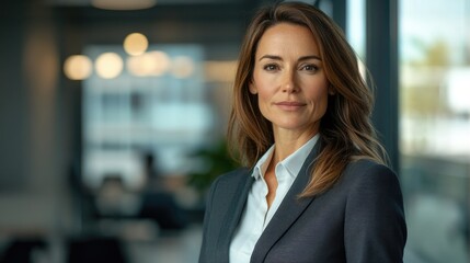 Fototapeta premium Portrait of a professional woman in a suit standing in a modern office. Mature business woman looking at the camera in a workplace meeting area.