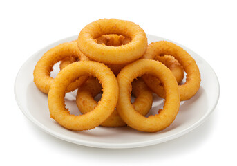 A plate of golden fried onion rings stacked on a white background food