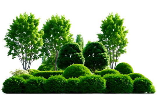 Dense arrangement of vibrant green trees and manicured bushes, forming a lush, natural scene. The abundance of greenery conveys tranquility and freshness in a forested environment.