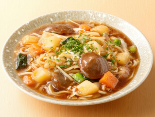 Hearty Noodle Dish with Potatoes and Mushrooms in Brown Sauce
