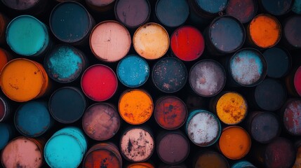 Vibrant colors of industrial barrels warehouse photography aerial view abstract art