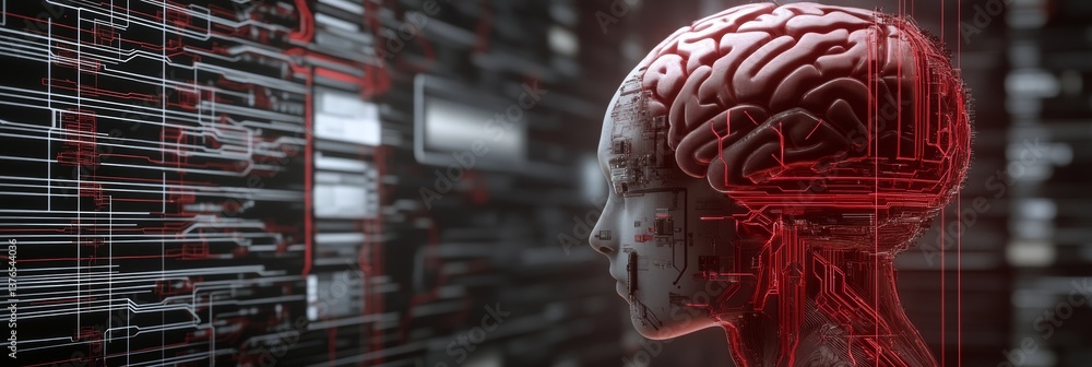 Poster artificial intelligence concept with a human brain and digital circuitry representing the fusion of 