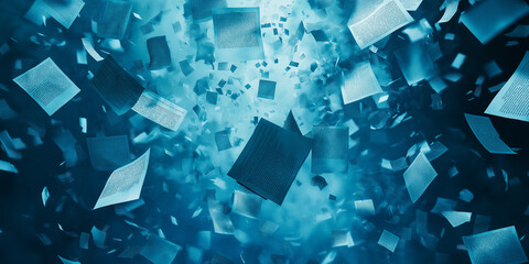 Blue falling paper sheets in digital motion background concept
