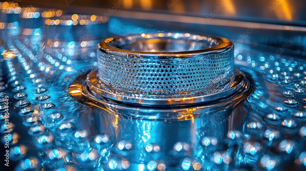 Aufkleber close-up of a metallic surface with a circular, perforated element in the center, illuminated with b