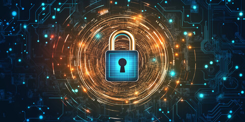 High-tech lock icon on digital circular interface representing data protection
