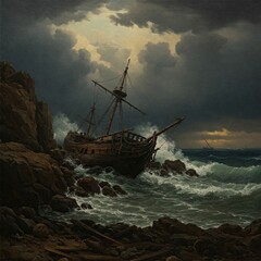 Obraz premium Waves Crash Against Splintered Shipwreck Hull