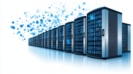 Metallic Blue Servers Reflecting Data Flow on White Background
