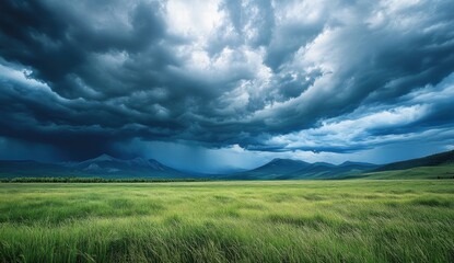Dramatic landscape under a stormy sky. Lush green field stretching towards mountains. Dark clouds gather overhead