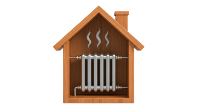 Isolated Radiator Inside a Wooden House Frame