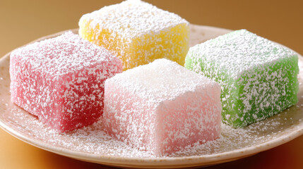 Pastel Jellies Dusted with Sugar on Beige Plate