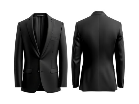 A black suit jacket mockup front and back view isolated on transparent background
