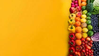 Fruits and vegetables in rainbow colors lined up in perfect rows on a yellow studio wallpaper background