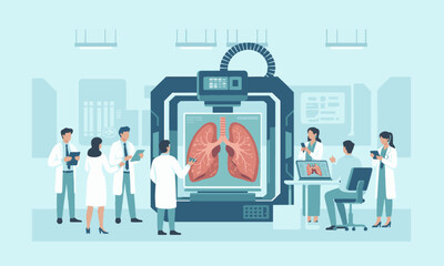 vector illustration of a futuristic medical laboratory featuring a large pair of human lungs, easily editable.
