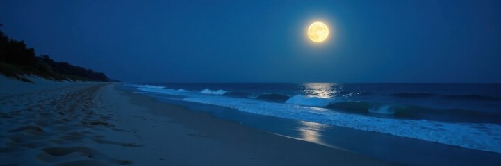 Softly glowing moonlight on the calm sandy beach at dusk with gentle blue ocean waves, moonlight, sea, wave