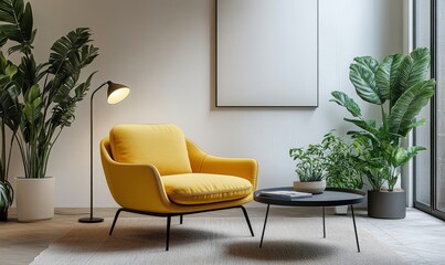 Comfortable Yellow Chair in Modern Living Room Filled With Greenery and Natural Light