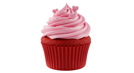 Isolated Red Velvet Cupcake with Pink Frosting and Hearts