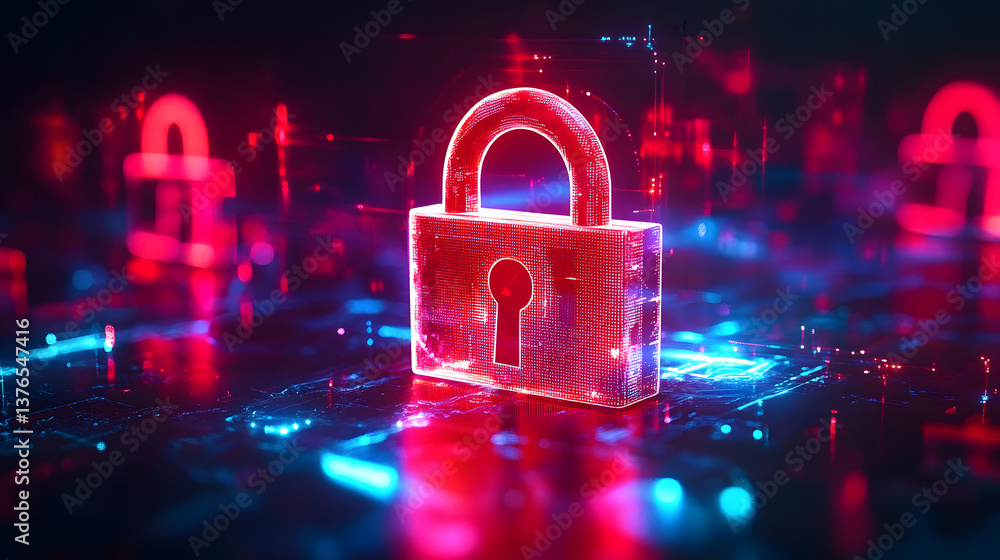 Aufkleber digital padlock with glowing edges on a dynamic abstract background, embodies cybersecurity concept.