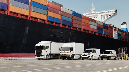 3D Rendering of Transport Vehicles and Cargo Ship at Port..