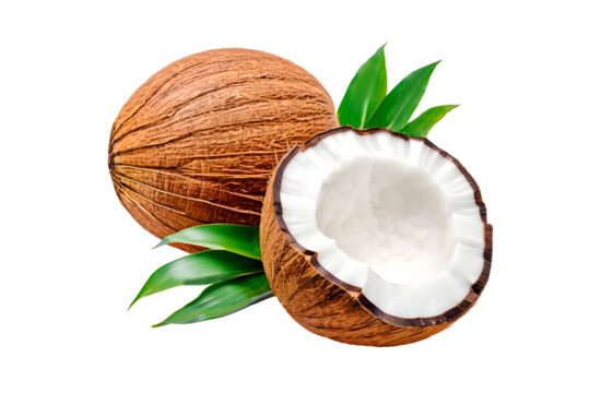 coconut with leaves  isolated on transparent background