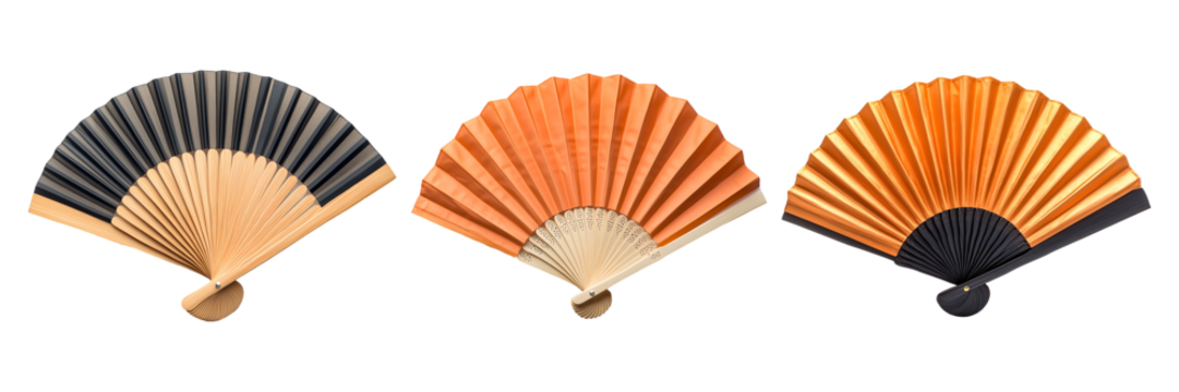 Collection set of folding hand fans isolated on transparent background