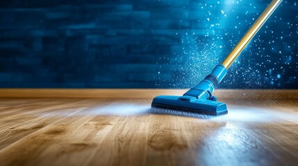 Cleaning Hardwood Floors with Steam Mop - A blue steam mop cleans a hardwood floor, leaving it sparkling and clean. The process is shown with sparkling water effect