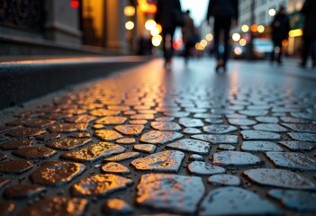 Fototapeta premium Wet cobblestone street reflecting city lights during evening hours