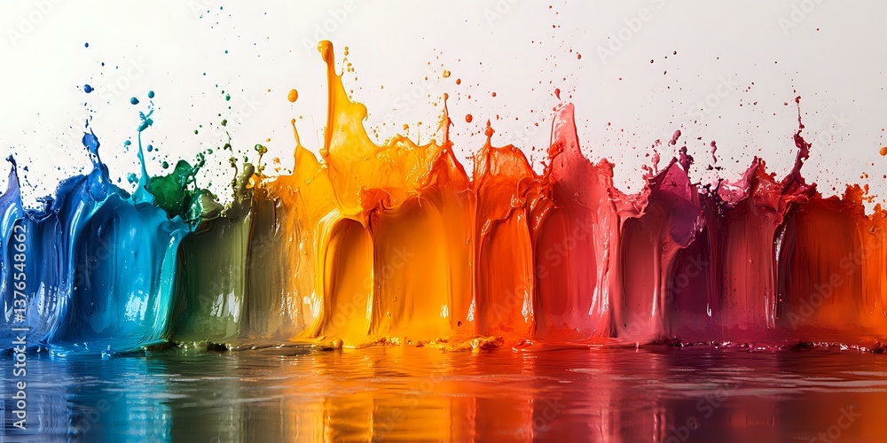 Poster vibrant rainbow paint splash sequence with dynamic liquid drops and splashes reflecting on glossy su