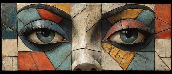 Close-up of a sculpted face, eyes crafted from colorful geometric tile-like pieces
