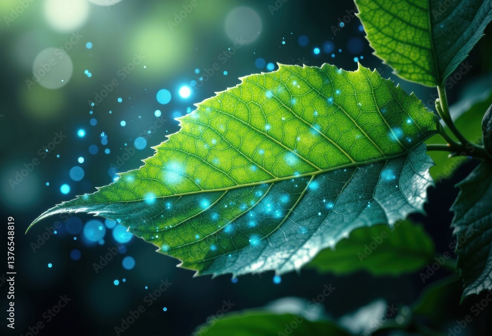 Poster close-up of a vibrant green leaf with sparkling droplets and bokeh effect
