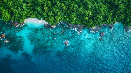 Fototapeta premium A high-altitude aerial view of a remote tropical archipelago with turquoise waters and small, lush islands