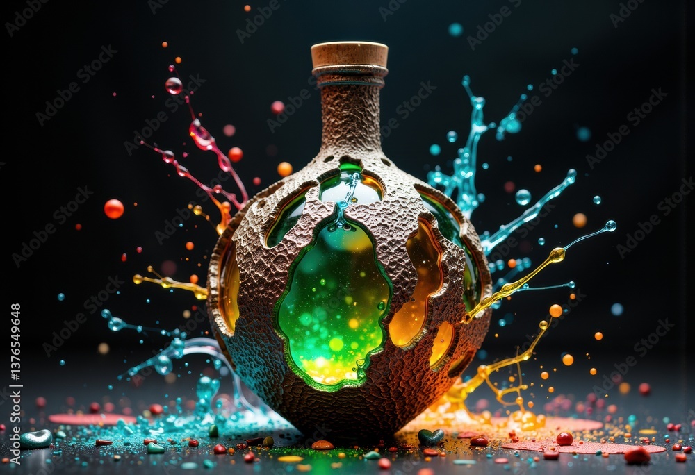 Poster colorful liquid splashes from a textured bottle, creating a vibrant display