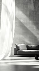 Modern Living Room Interior With Large White Curtains and Gray Sofa in Minimalist Design