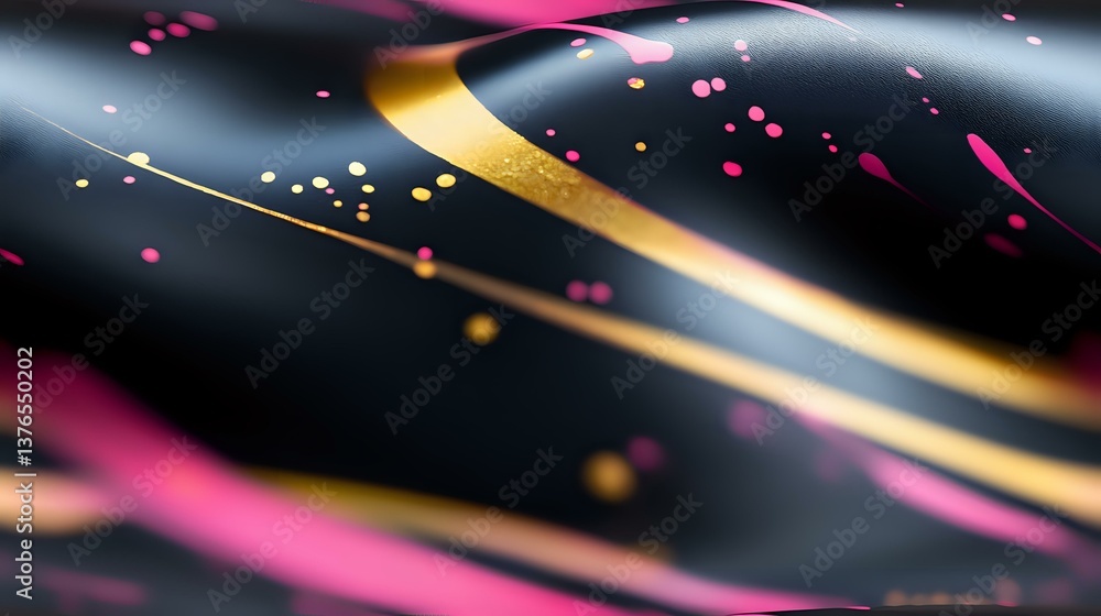 Poster abstract background with dynamic golden light trails and pink particles floating on dark surface cre
