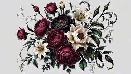 Victorian gothic flower clipart, highly detailed bouquet of roses, peonies, lilies, intricate vintage botanical style, dark romantic color palette (deep burgundy, black, faded ivory, forest green), or