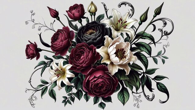 Victorian gothic flower clipart, highly detailed bouquet of roses, peonies, lilies, intricate vintage botanical style, dark romantic color palette (deep burgundy, black, faded ivory, forest green), or