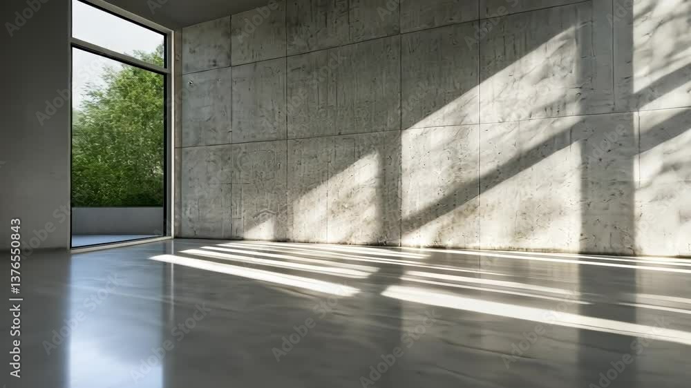 Poster sunlight streams through a featuring casting shadows across a minimalist text room window, copy spac