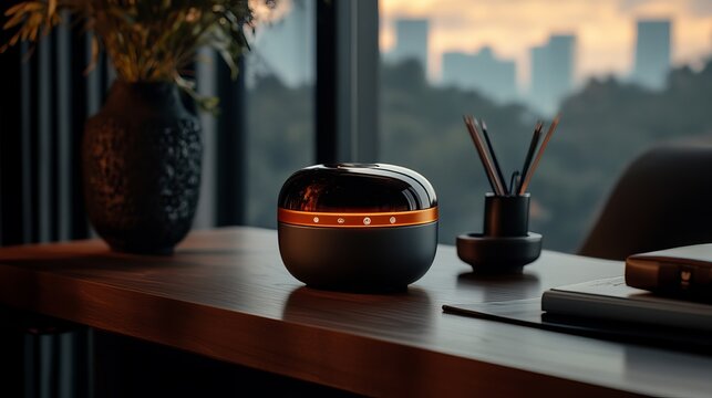 A sleek black and orange diffuser on a modern wooden desk with a city skyline in the background during sunset.