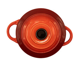 Gros plan sur une cocotte en fonte vue de haut, isolée, avec un arrière plan transparent.