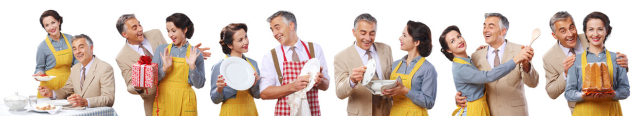 Collection of portraits of a happy vintage couple at home, 1950s style, isolated on white background