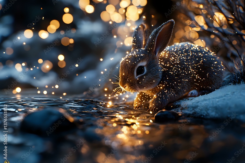 Poster magical winter scene with rabbit drinking from frozen stream at dusk, surrounded by glowing bokeh li