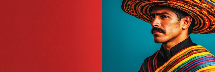 Fototapeta premium Cinco de Mayo, A Portrait of a Man Wearing a Vibrant Mexican Sombrero and Traditional Poncho Against a Bold Two Tone Background This striking image showcases rich cultural details